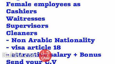 Well known firm with a chain of restaurants  Required      Female employees as  Cashiers Waitress Supervisors Cleaners  	Non Arabic nationality  	Visa ... - صورة 1