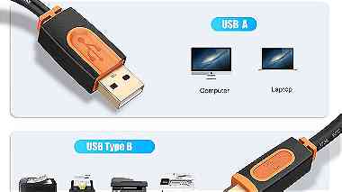 USB2.0 Cable USB Type A to USB Type B 1.8m 6feet Orange Black